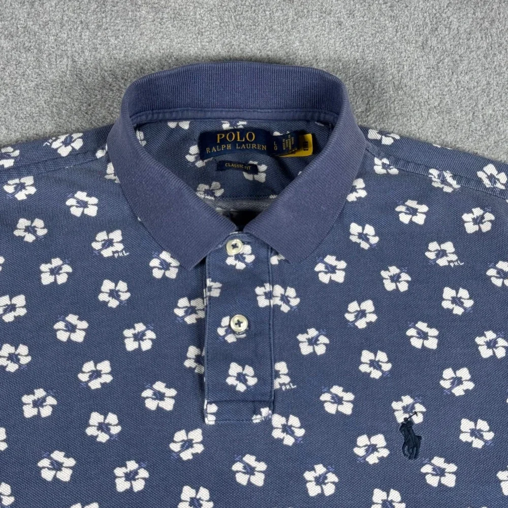 Polo Ralph Lauren Men's L Classic Fit Polo Shirt Blue Floral Blue Pony Preppy